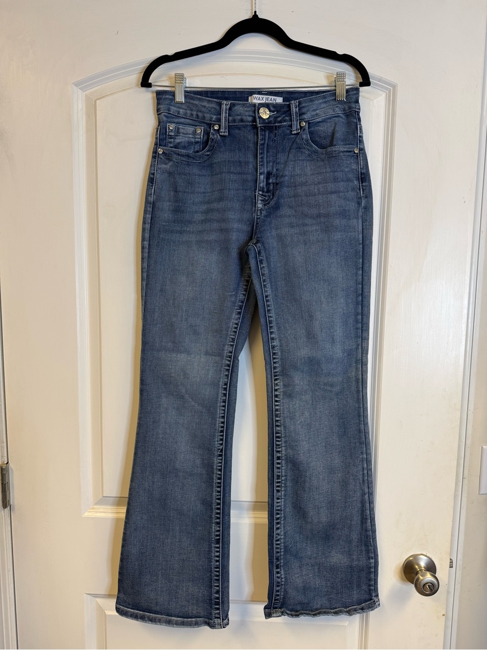 Wax Jean Women’s 9/29 Medium Wash Rhinestone Flare Jeans